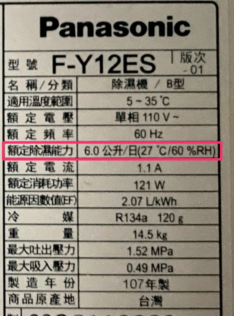 額定除濕能力,攝氏 27 度、相對濕度 60% 下的每日除濕量